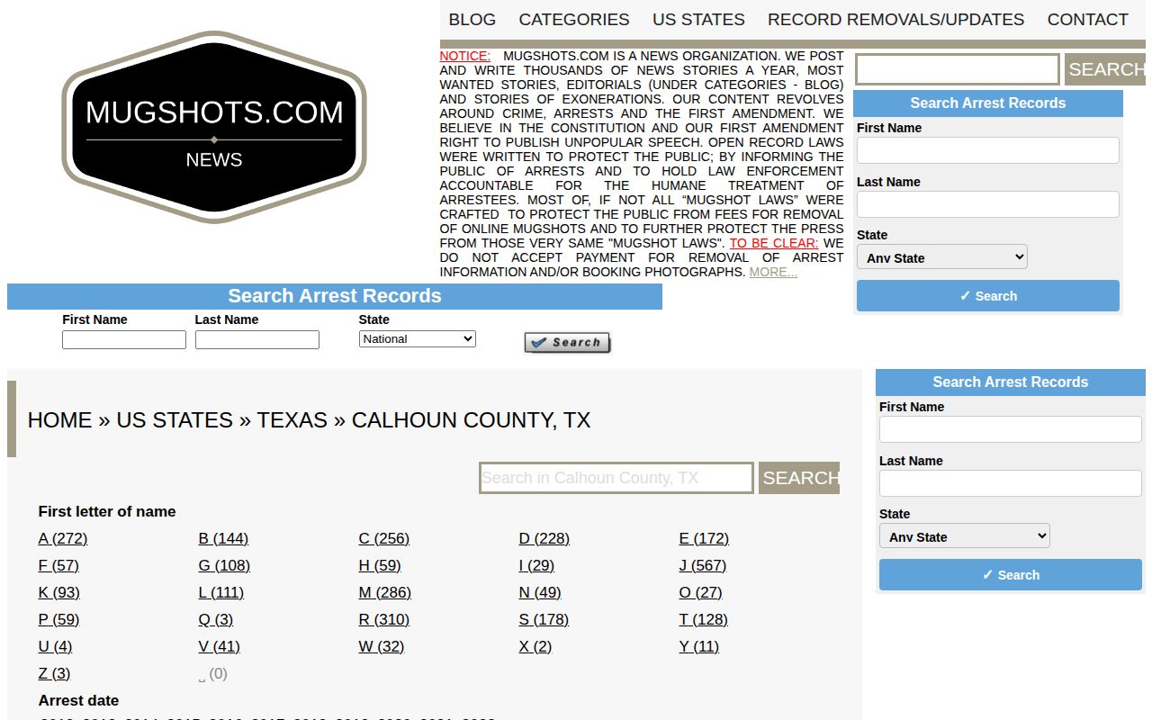 Calhoun County arrest record lead at Mugshots.com local section