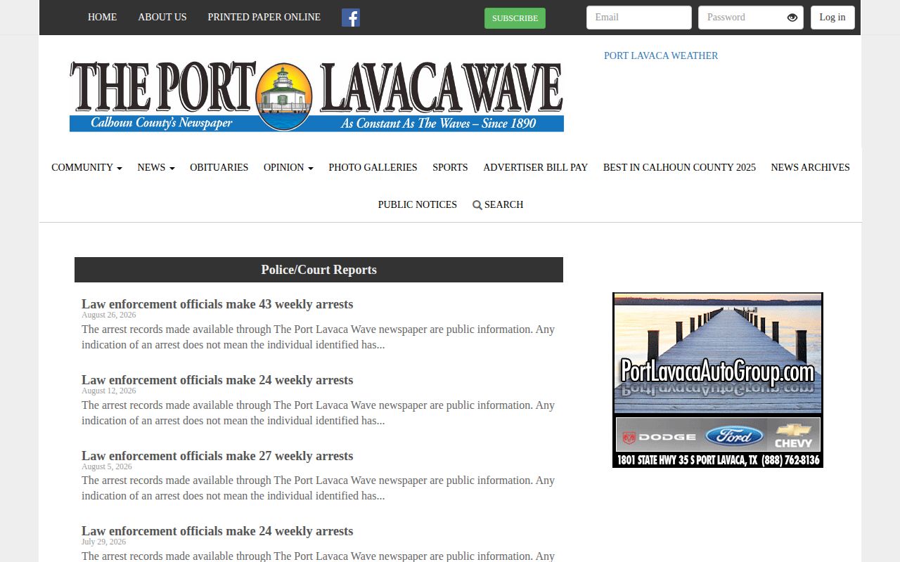 Calhoun County arrest news source at Port Lavaca Wave Police and Court Reports