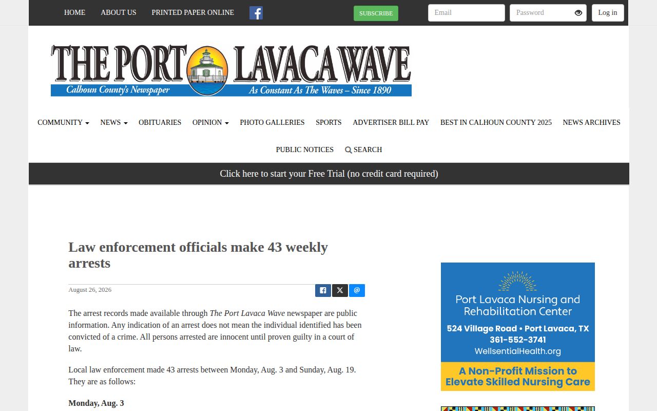 Calhoun County weekly arrest news report source from Port Lavaca Wave