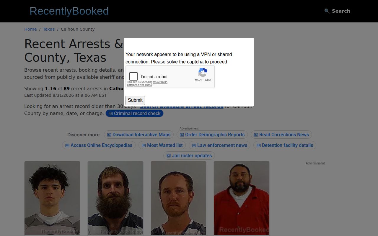 Calhoun County arrest record lead at RecentlyBooked local section