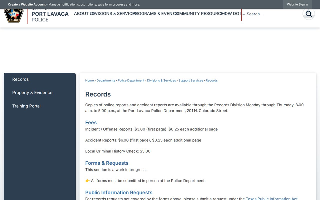 Port Lavaca police records division page for city arrest records